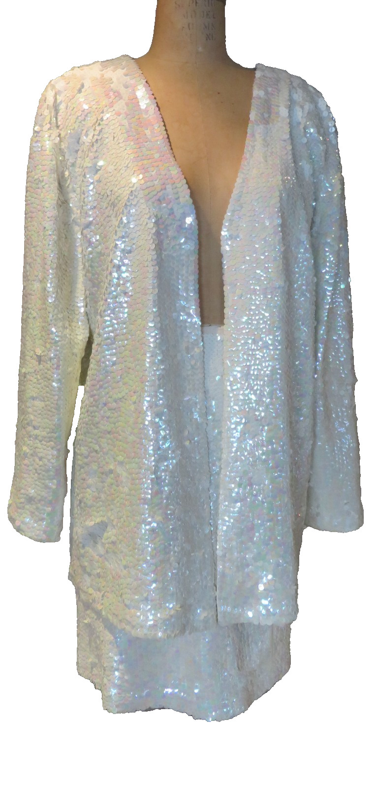 Ensemble Jacket-L Skirt-M White iridescent Sequined Entirely Brazil New Vtg