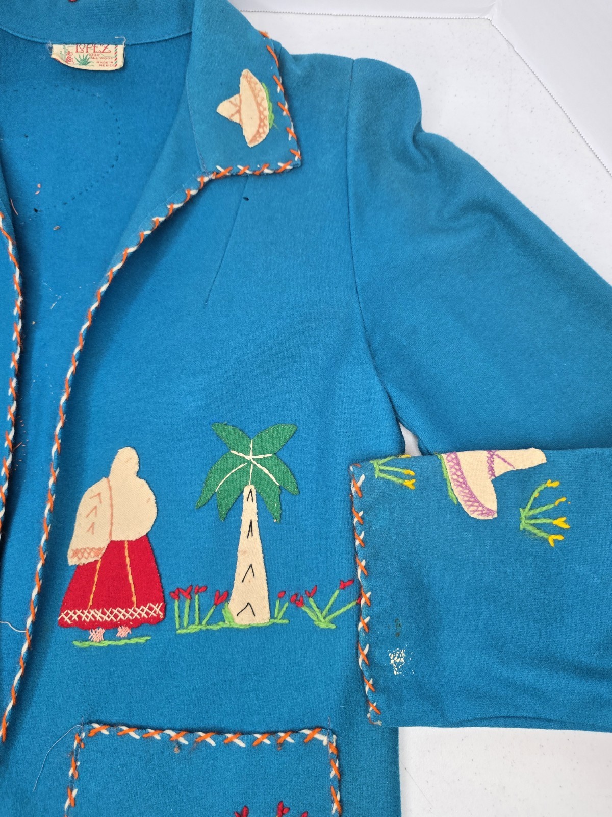 Vintage Mid-Century Lopez Mexican Wool Embroidered Souvenir Jacket – Teal As-Is