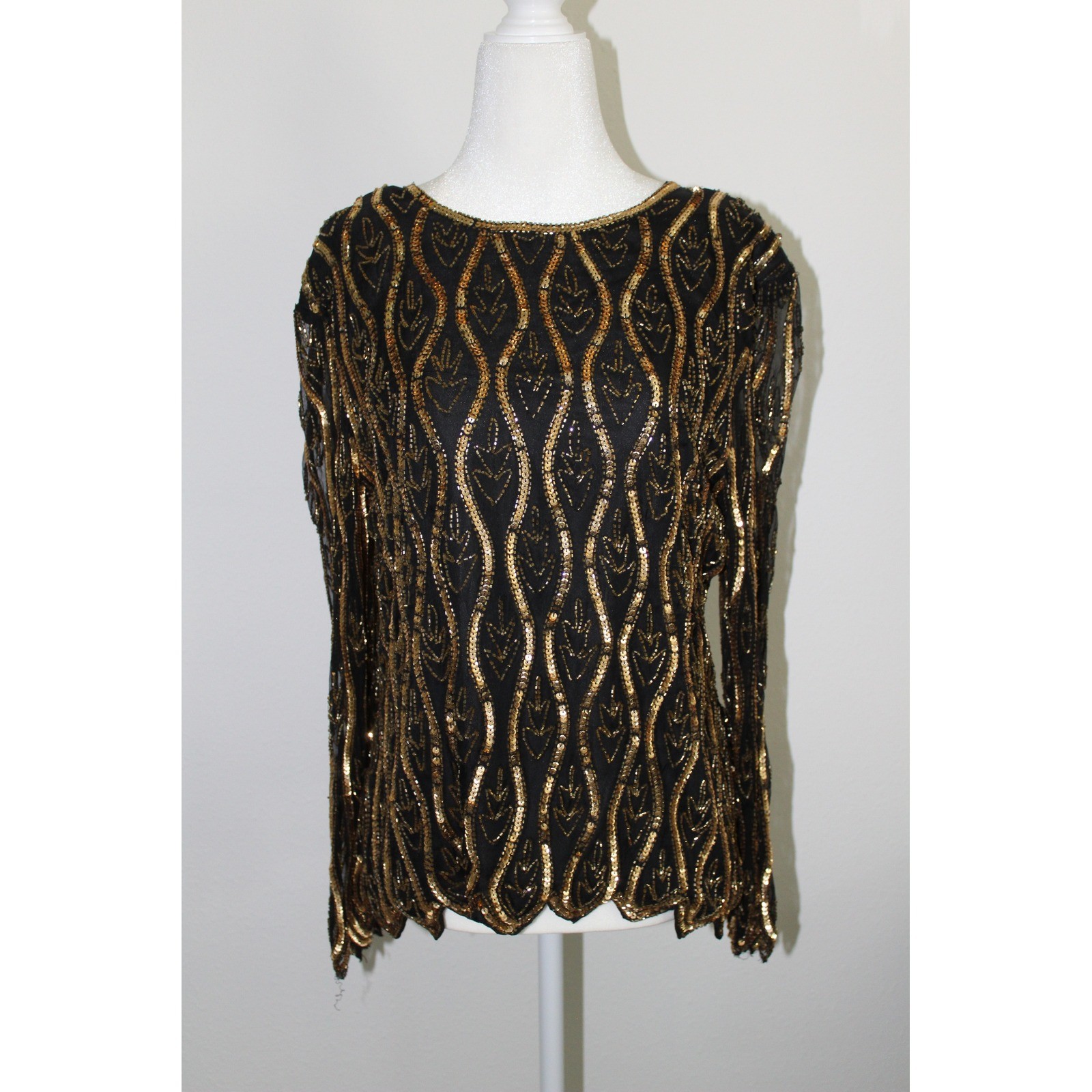 VTG Stenay Petite Gold Sequin Beaded Evening Top Black Art Deco Scalloped PL