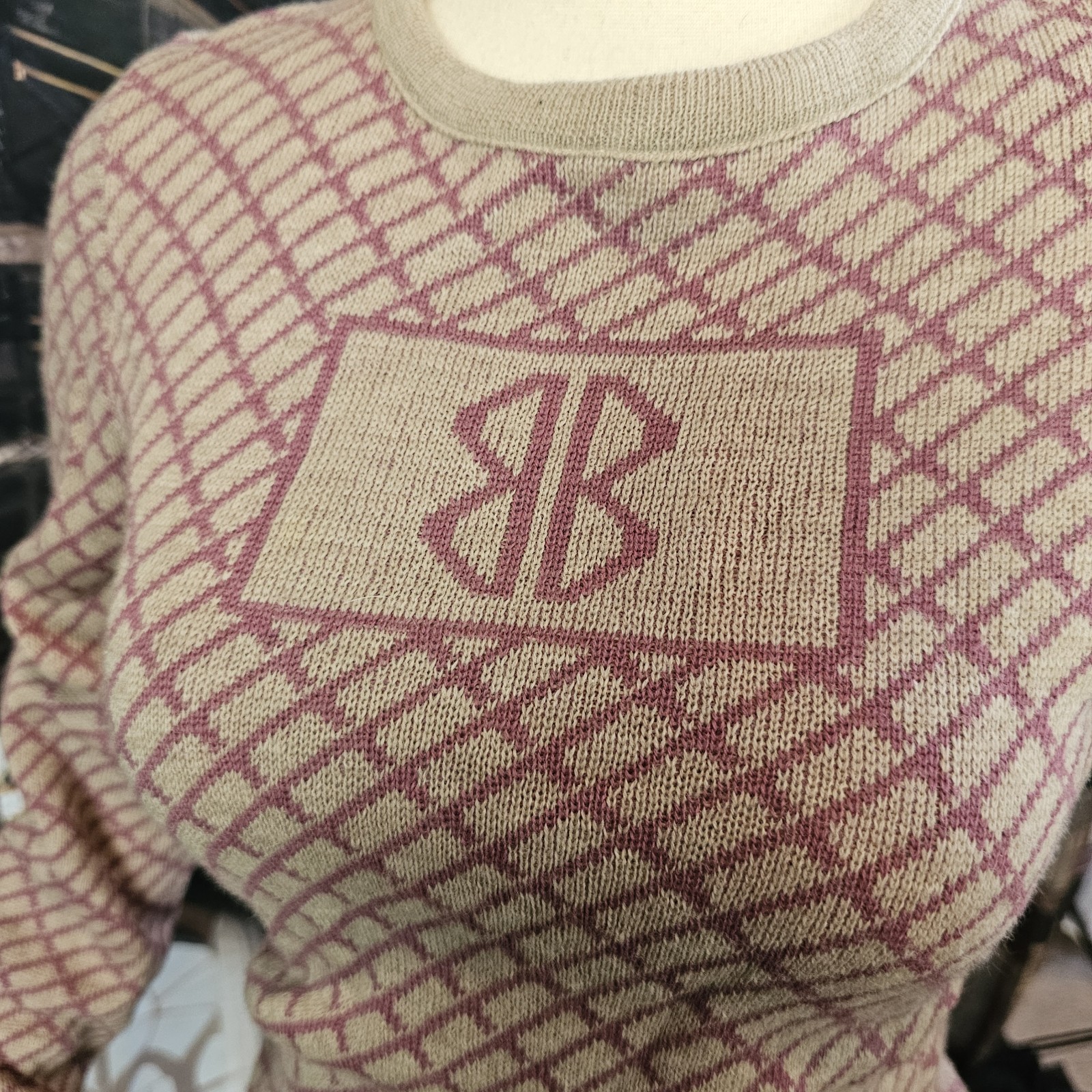 Vintage 1970s Sweater Pullover Mauve Pink Beige Diamond Pattern Double B