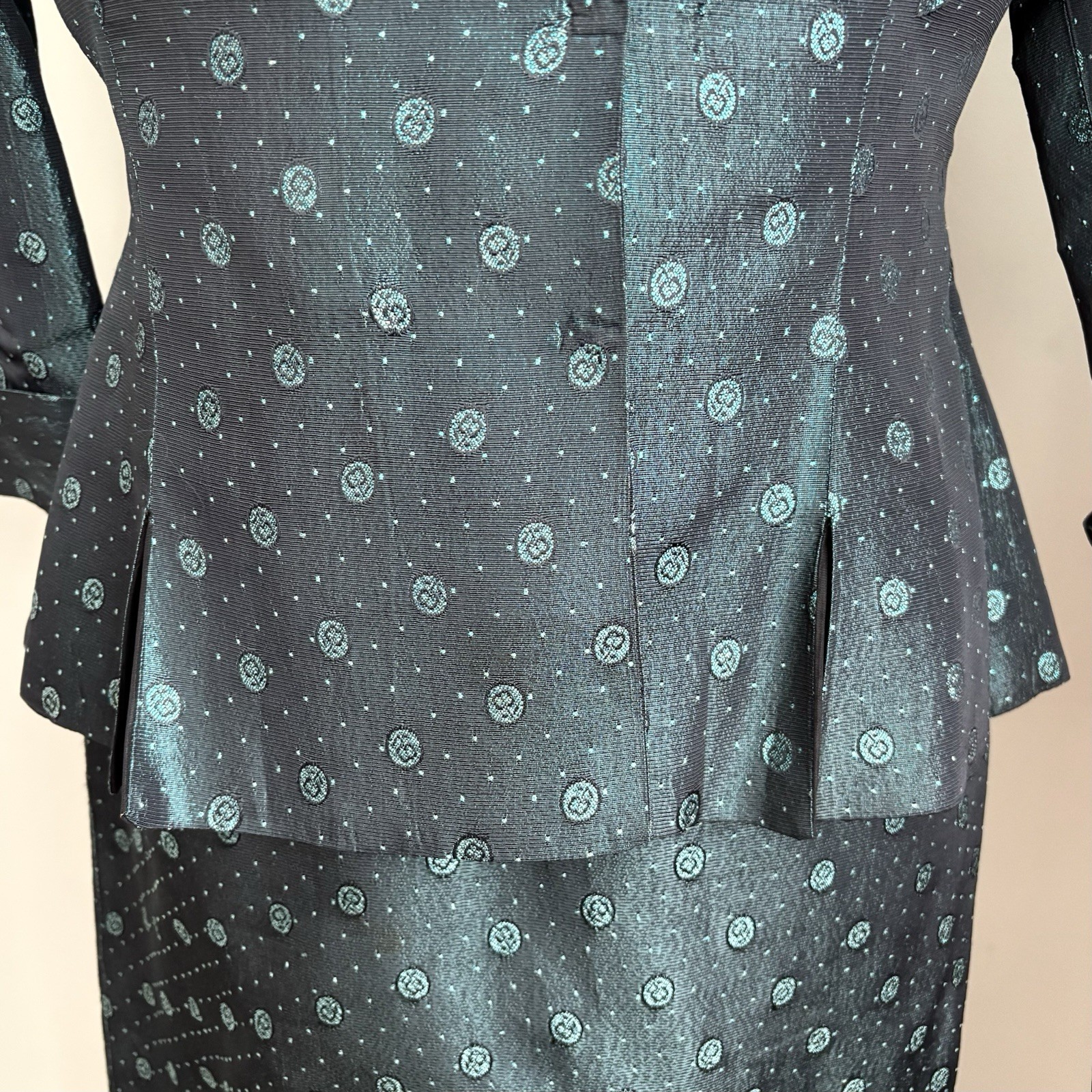 Vintage 1940’s Blue Taffeta Cherries Cherry Print Dress & Jacket Set Size XS/S