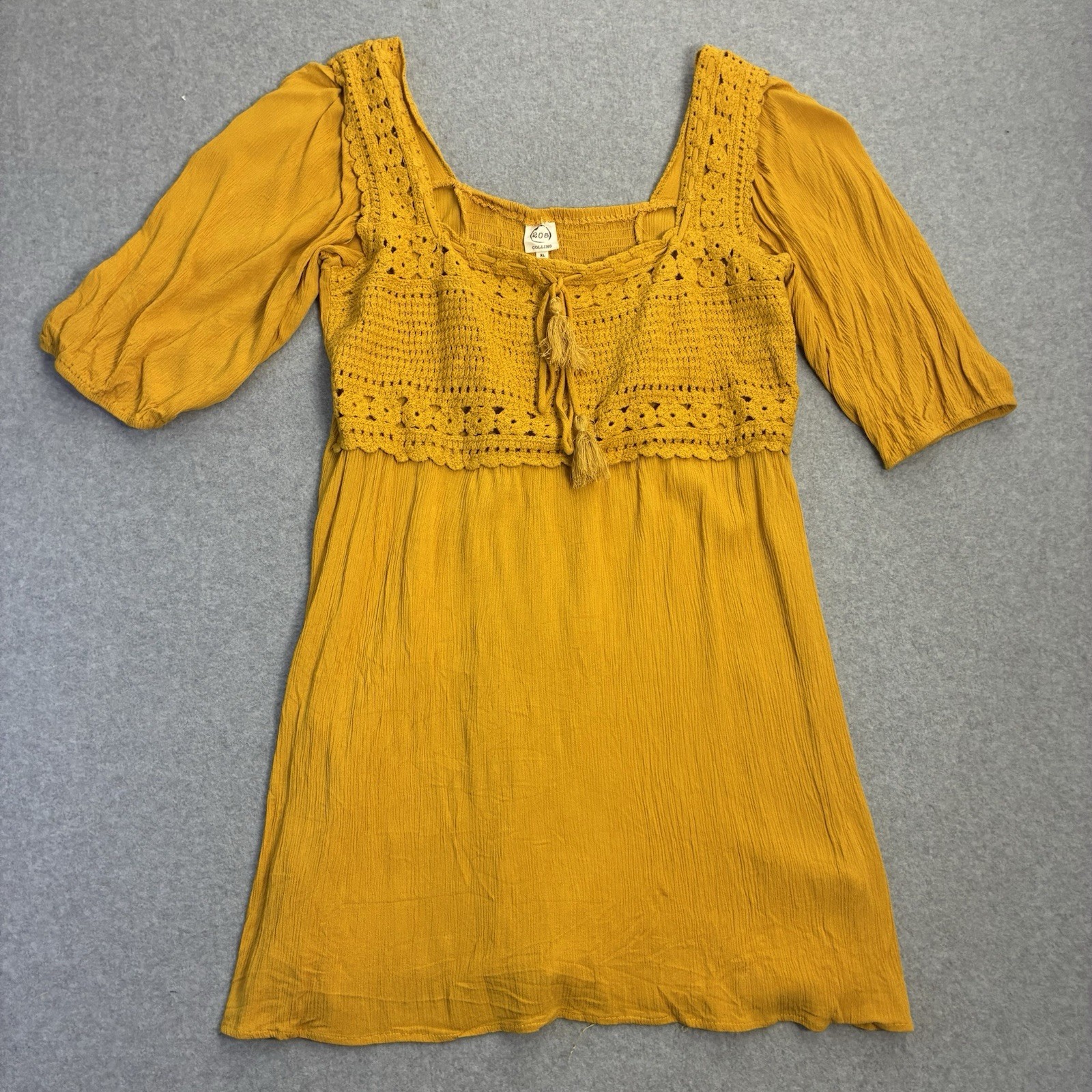 205 Collins XL Mustard Boho Dress Crochet Lace Rayon Peasant Mini Sunflower
