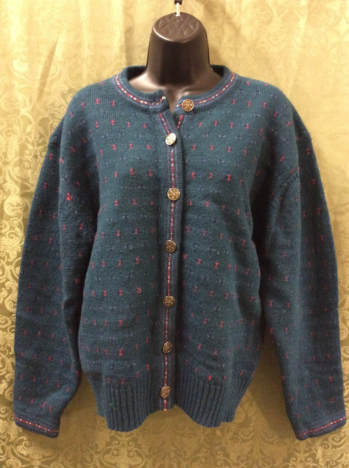 Eddie Bauer Wool Blend Cardigan Sweater M Dark Green Teal Red birdseye vintage