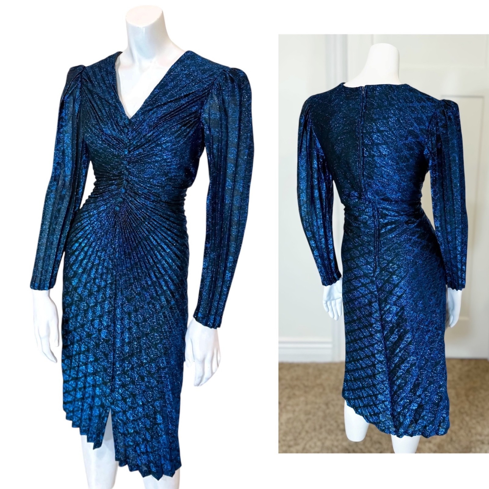 Vintage 80&rsquo;s METALLIC PLEATED PARTY DRESS S Sexy Midi Blue Festival Special