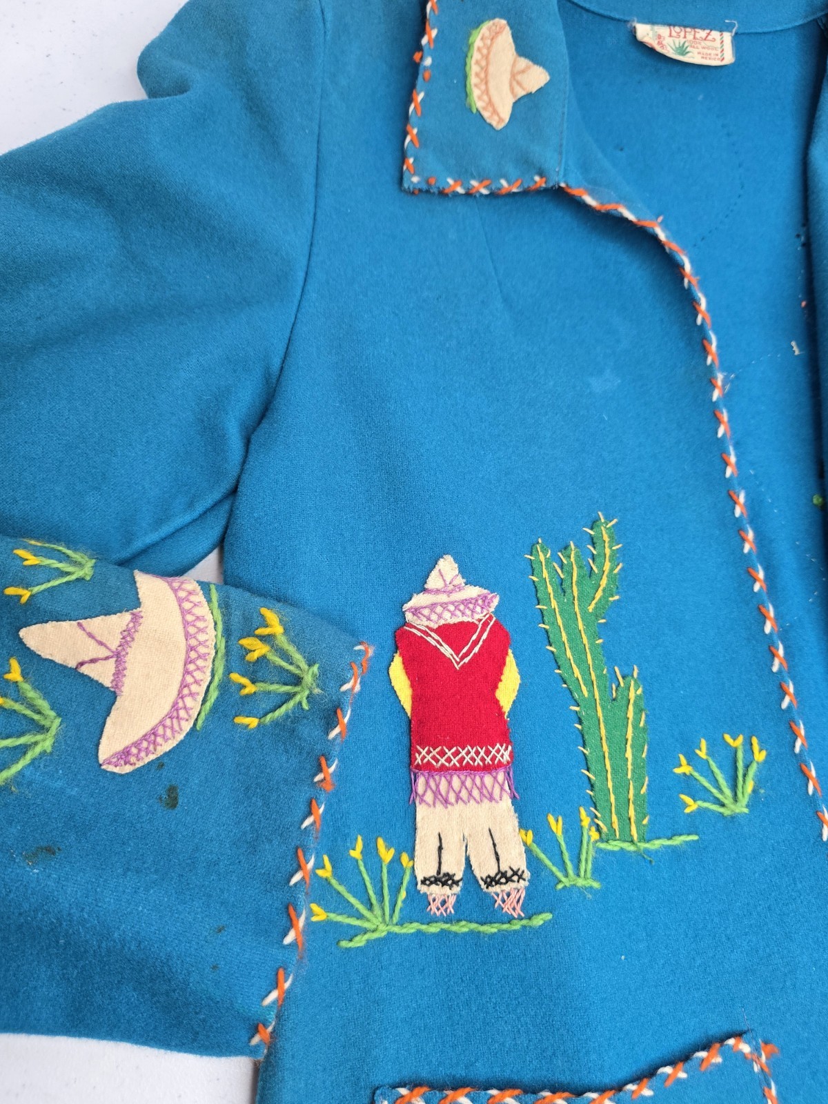 Vintage Mid-Century Lopez Mexican Wool Embroidered Souvenir Jacket – Teal As-Is