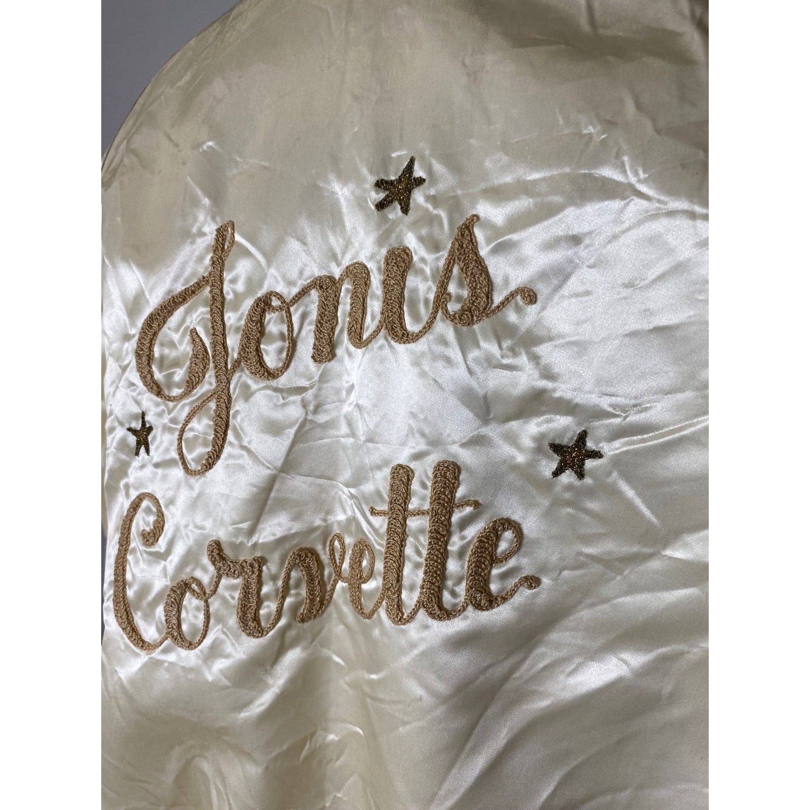 Vintage Satin Bomber Jacket Cream Jonis Corvette Chainstitch Varsity Snap Front