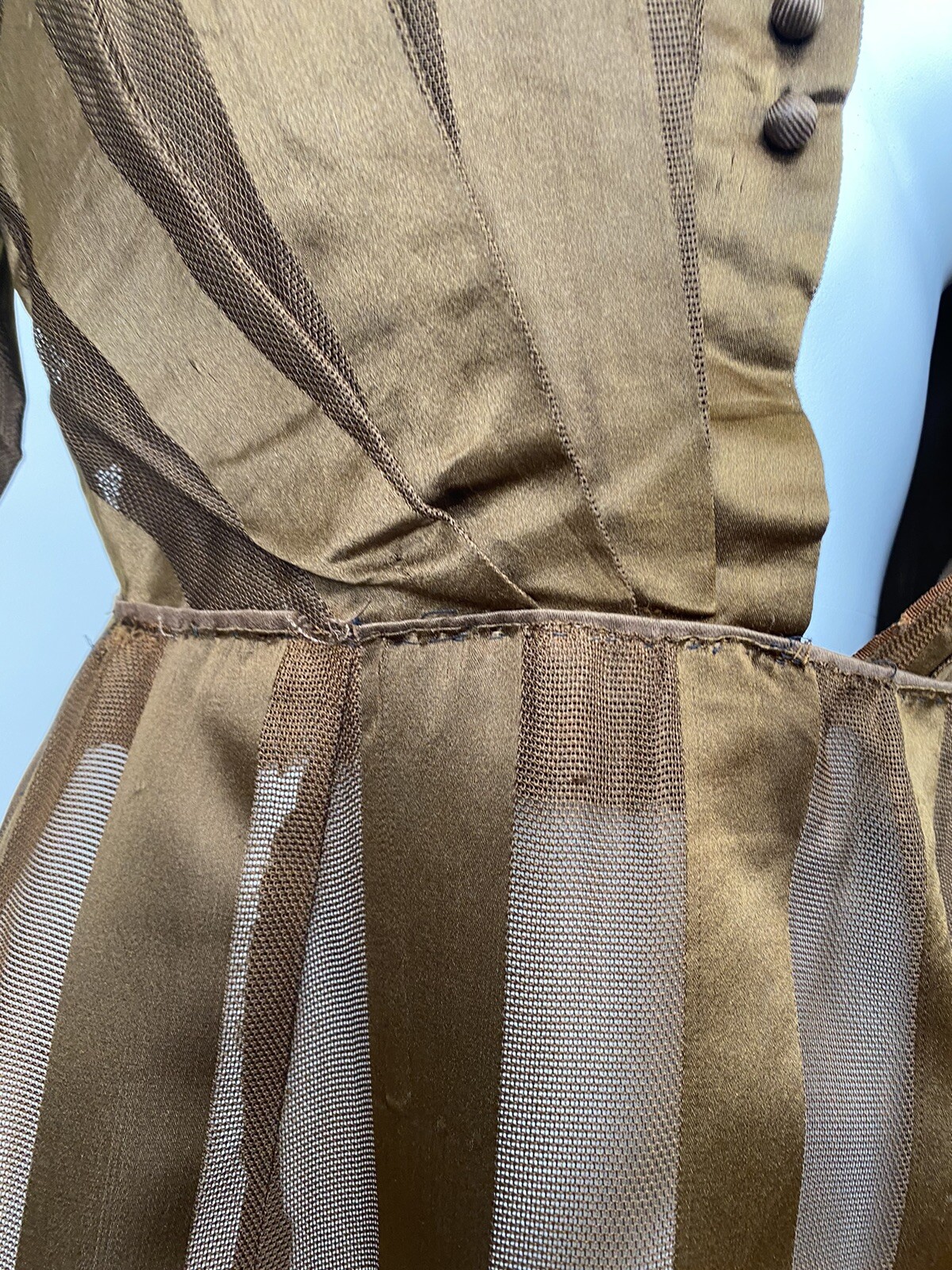Brown Silk Net Striped Antique Victorian Walking Dress Edwardian 1900s AS IS