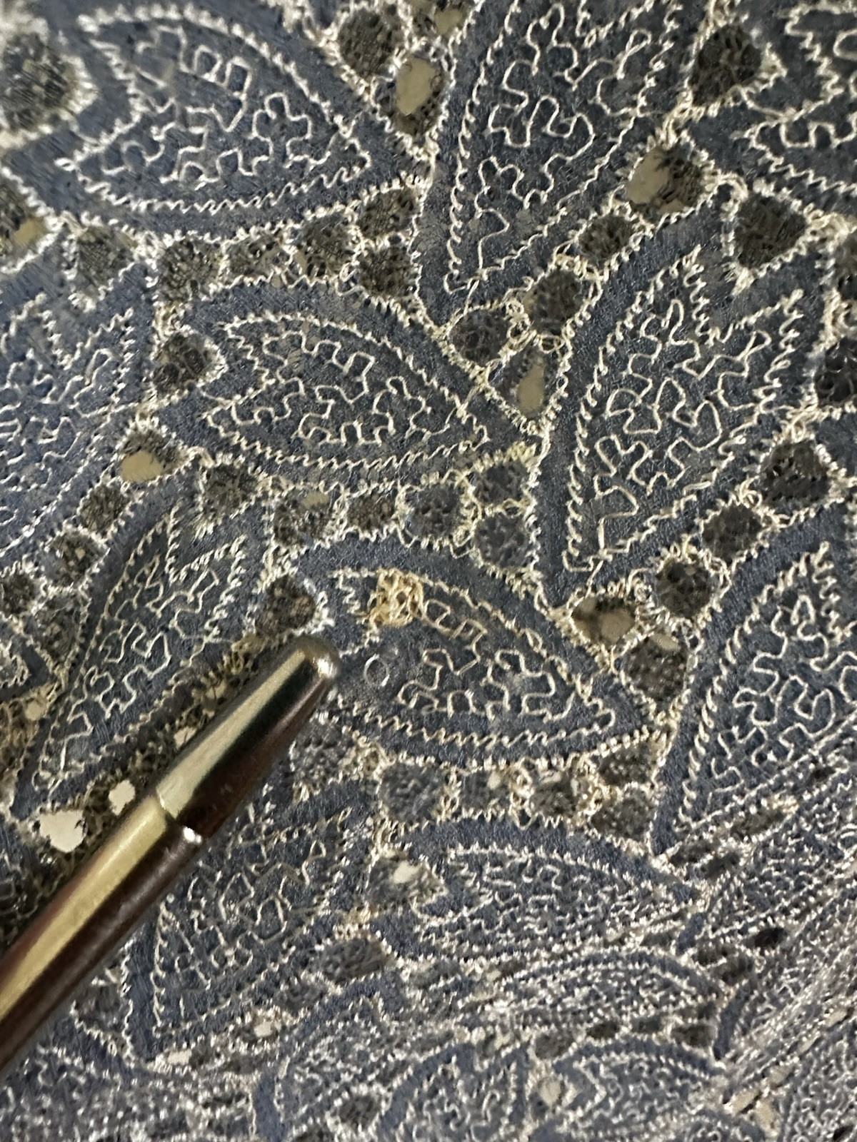 1940s Embroidered Rayon Crepe Cutwork Hostess Lounge Dress Blue Maxi L XL