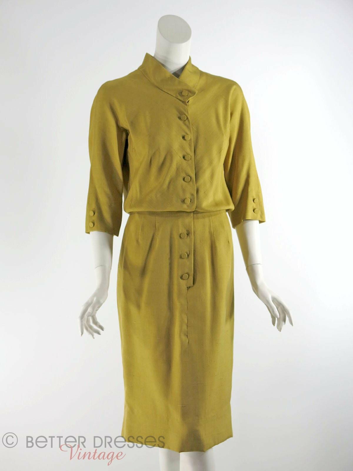 Vintage 50s Dress in Golden Olive Silk – sm
