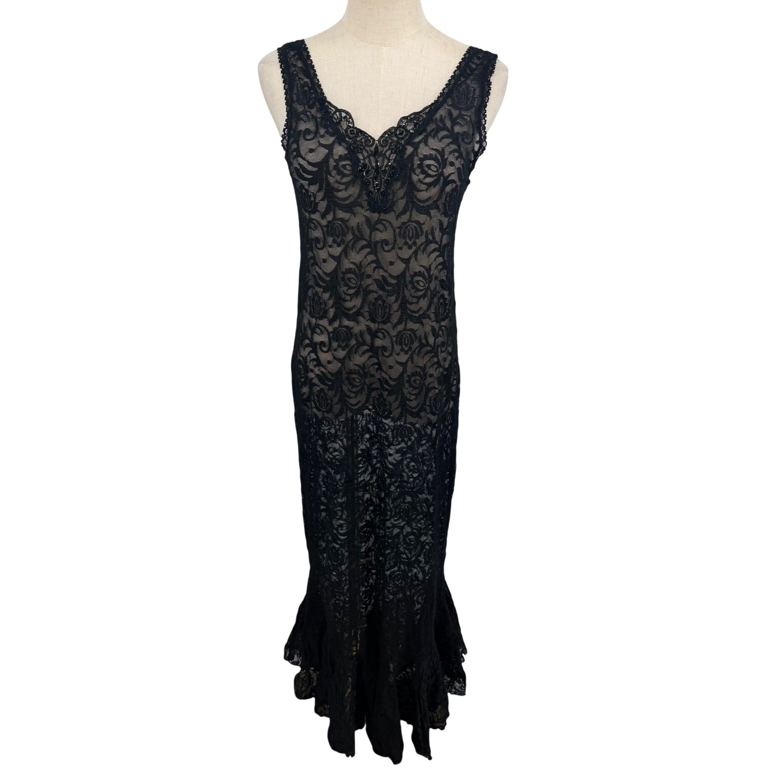 Frederick&rsquo;s of Hollywood Sheer Lace Dress Large Blk Beaded Maxi Mermaid Vintage