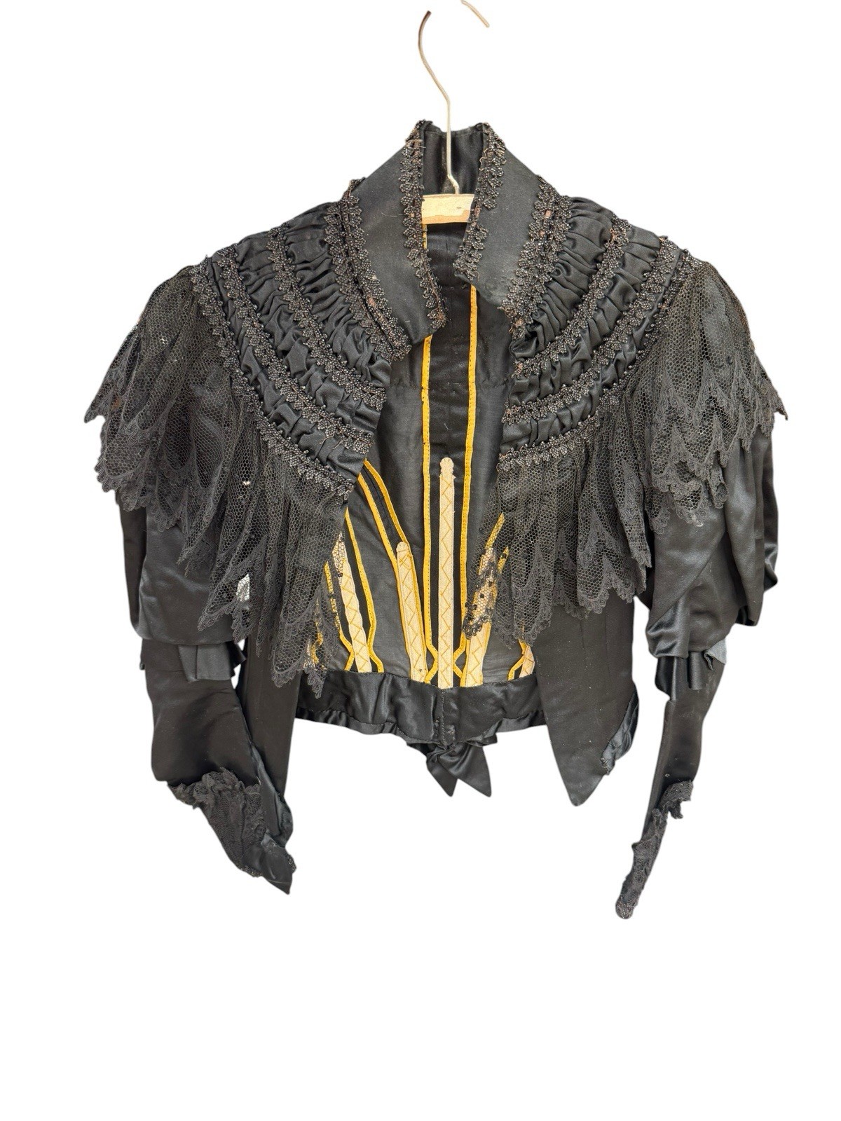 Antique 1890s Victorian Mourning Bodice Jet Black Beaded Boned Lace Top Jacket
