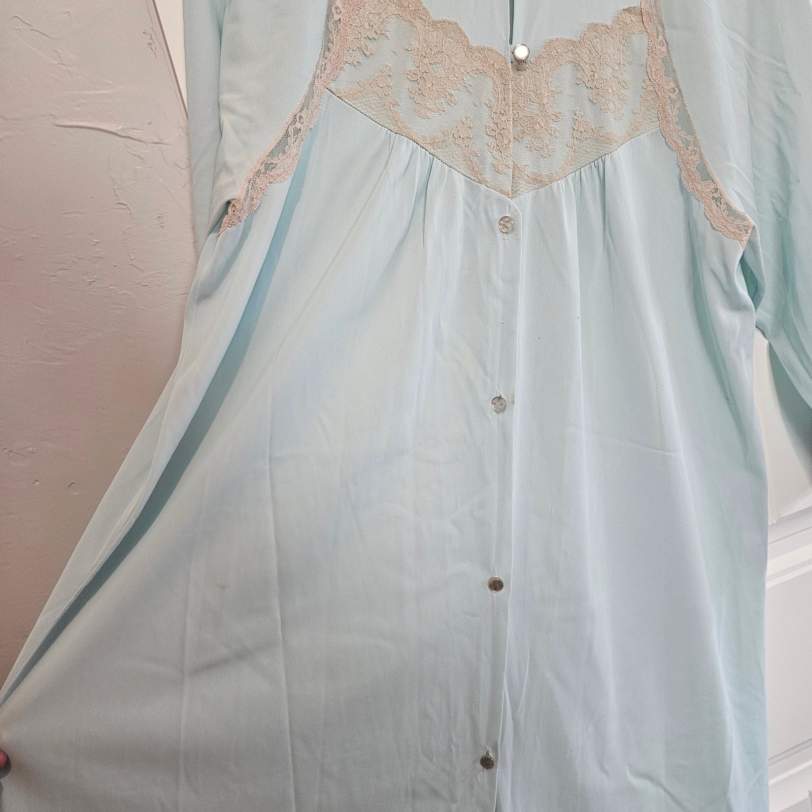 Vintage Lace Robe Womens Size Large 80s Pastel Blue Satin Cottage Romantic Retro