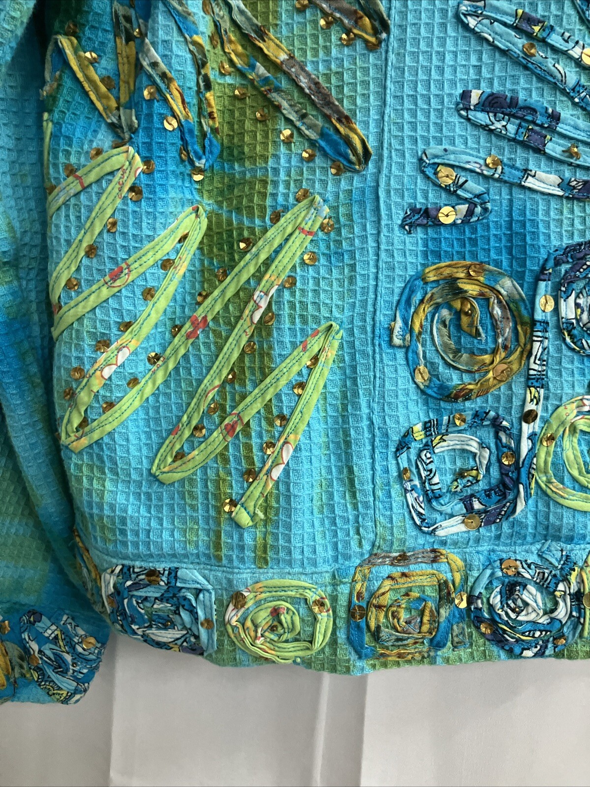 Vintage 90s Turquois Jacket Patchwork Bedazzle Retro CARRIE ALLEN Size Small