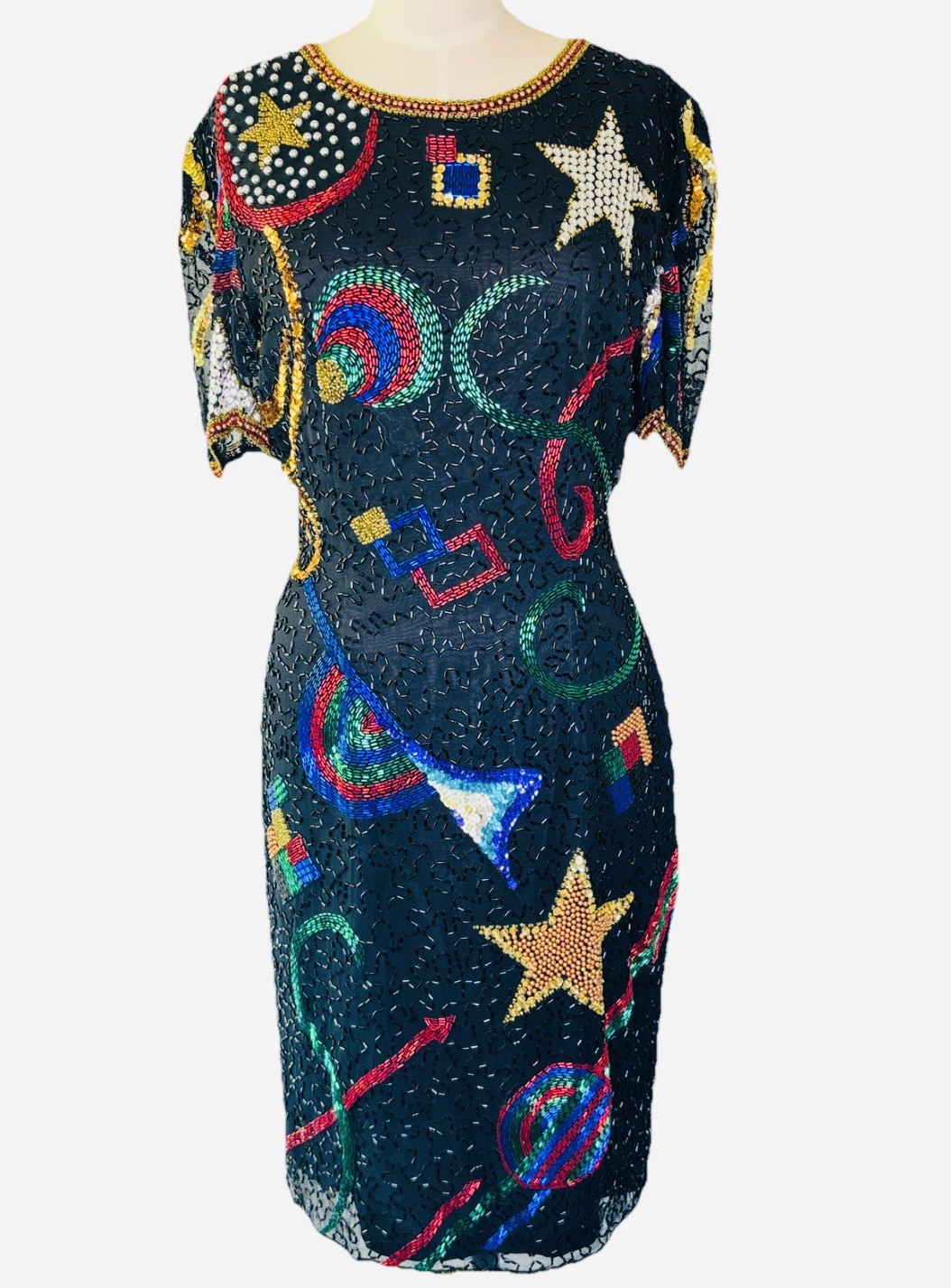 Vintage 80s Silk Heavily Hand Beaded Sequin Celestial Dress by Nadine Boutique