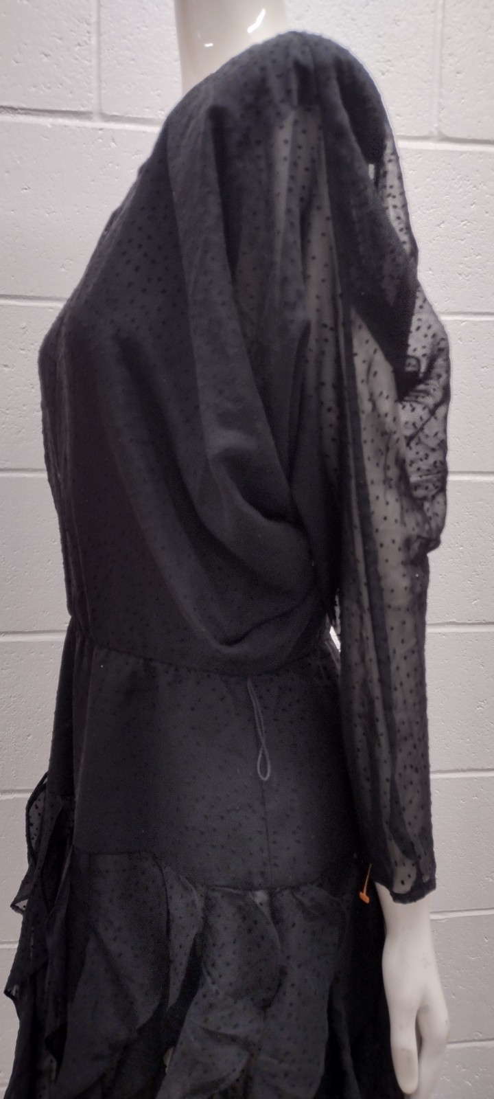 1980s Batwing Sheer Chiffon Dress Black Flapper Scallop 80s Dolman Sleeves M/L