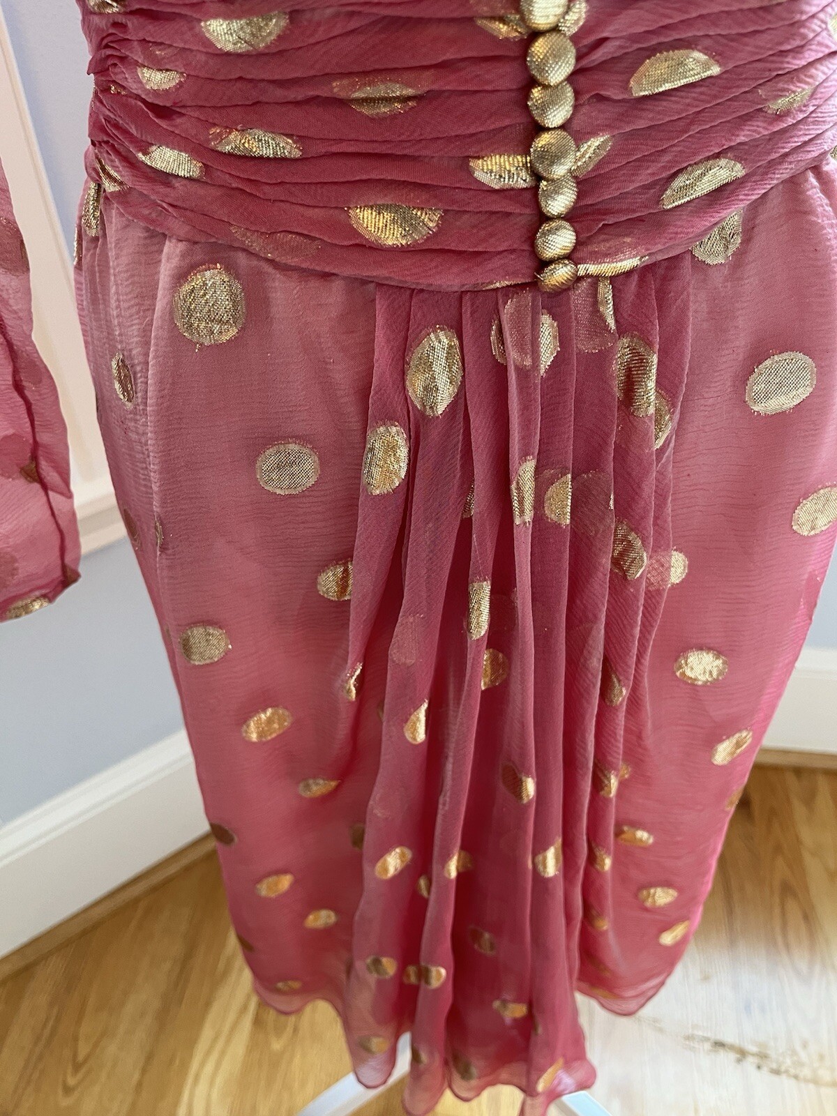 80’s Iconic dynasty Couture Pink Silk Gold Foil Dot Dress 6 Vintage Goddess S