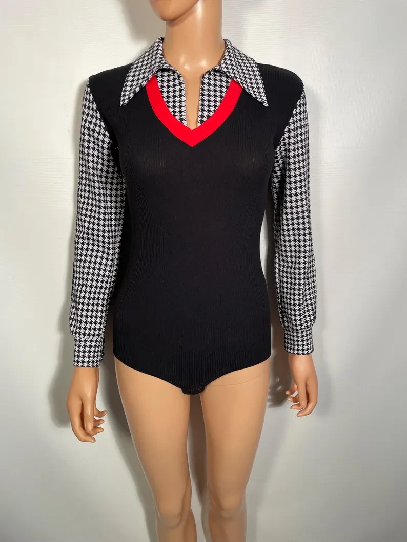 Vintage 1970s Houndstooth Bodysuit Made In USA Size S/M