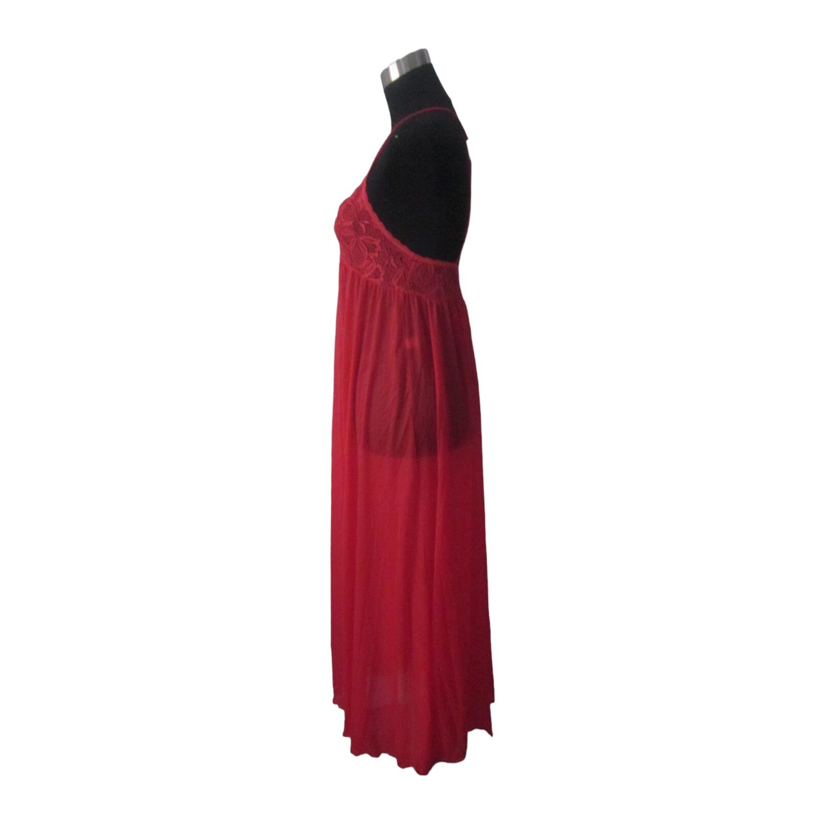 VTG VANITY FAIR Red Lace Bodice Nylon Blend Strappy Back Nightgown Sz S USA