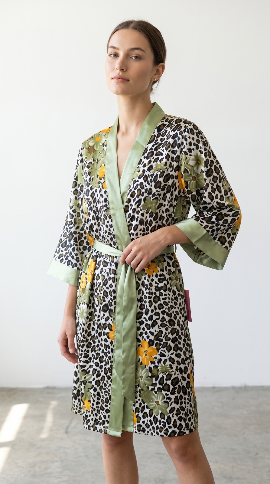 Luxury 2-Piece Satin Nightgown & Short Robe Set Size M | Animal Print Floral