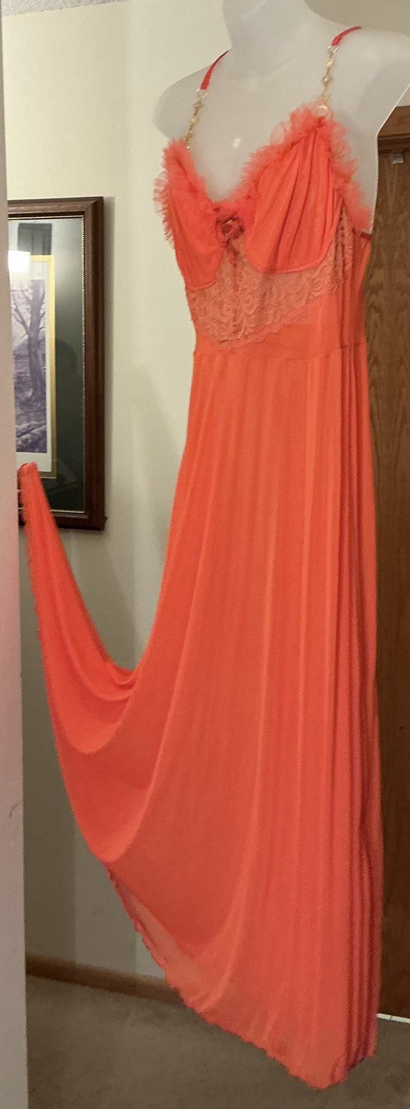 Full Sweep Orange Citron See-Through Lace FULL SHEER Chiffon Nightgown Gown L