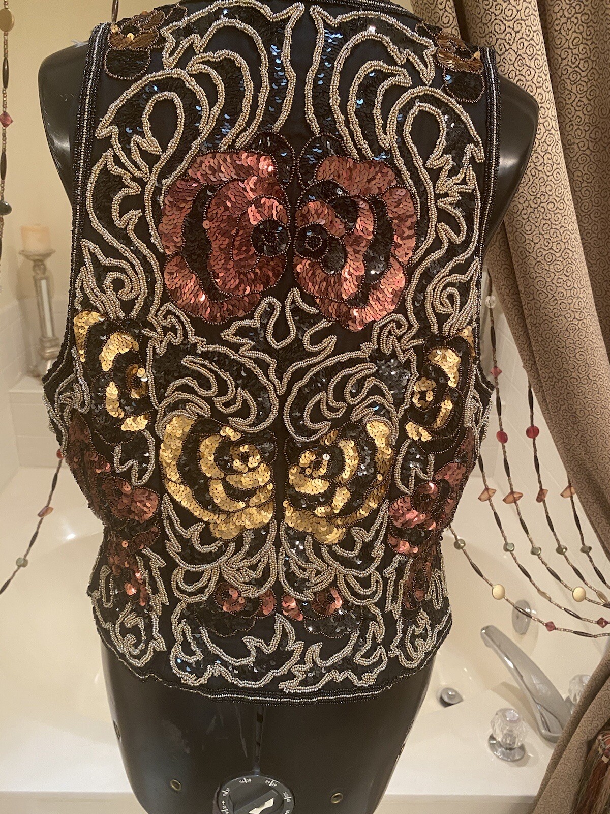 VINTAGE 80&rsquo;s Silk Beaded Sequin Vest BLACK TIE BY HE-RO Black Gold Copper L