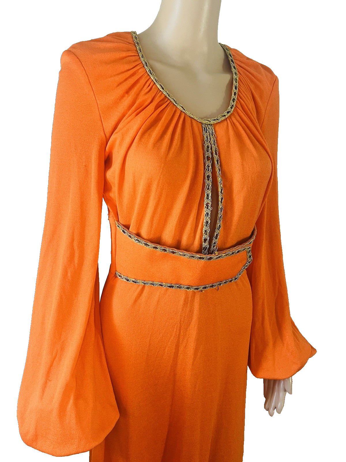 VTG 70s Funky Mod Orange Belted Maxi Dress Sexy Plunging Keyhole Front/Back Med