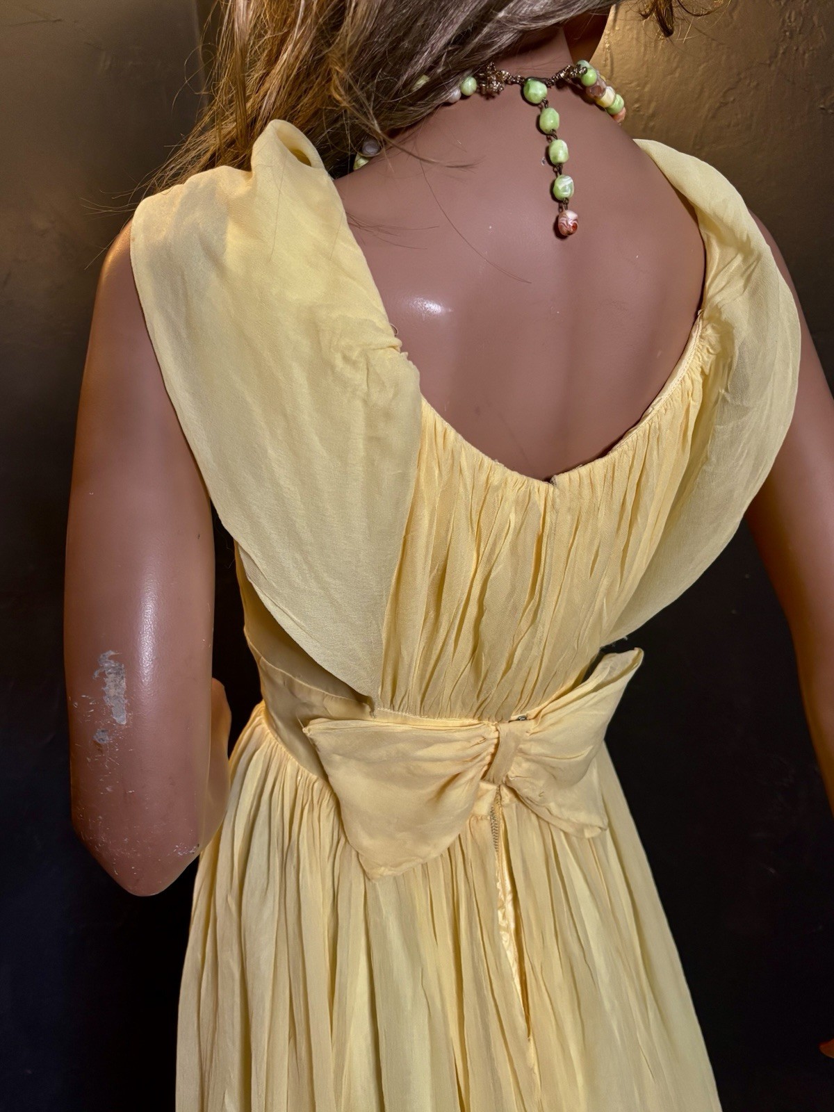 MCM Yellow Chiffon Mod Party Cocktail Dress Fitted Empire Waist/Full Skirt/Bow S