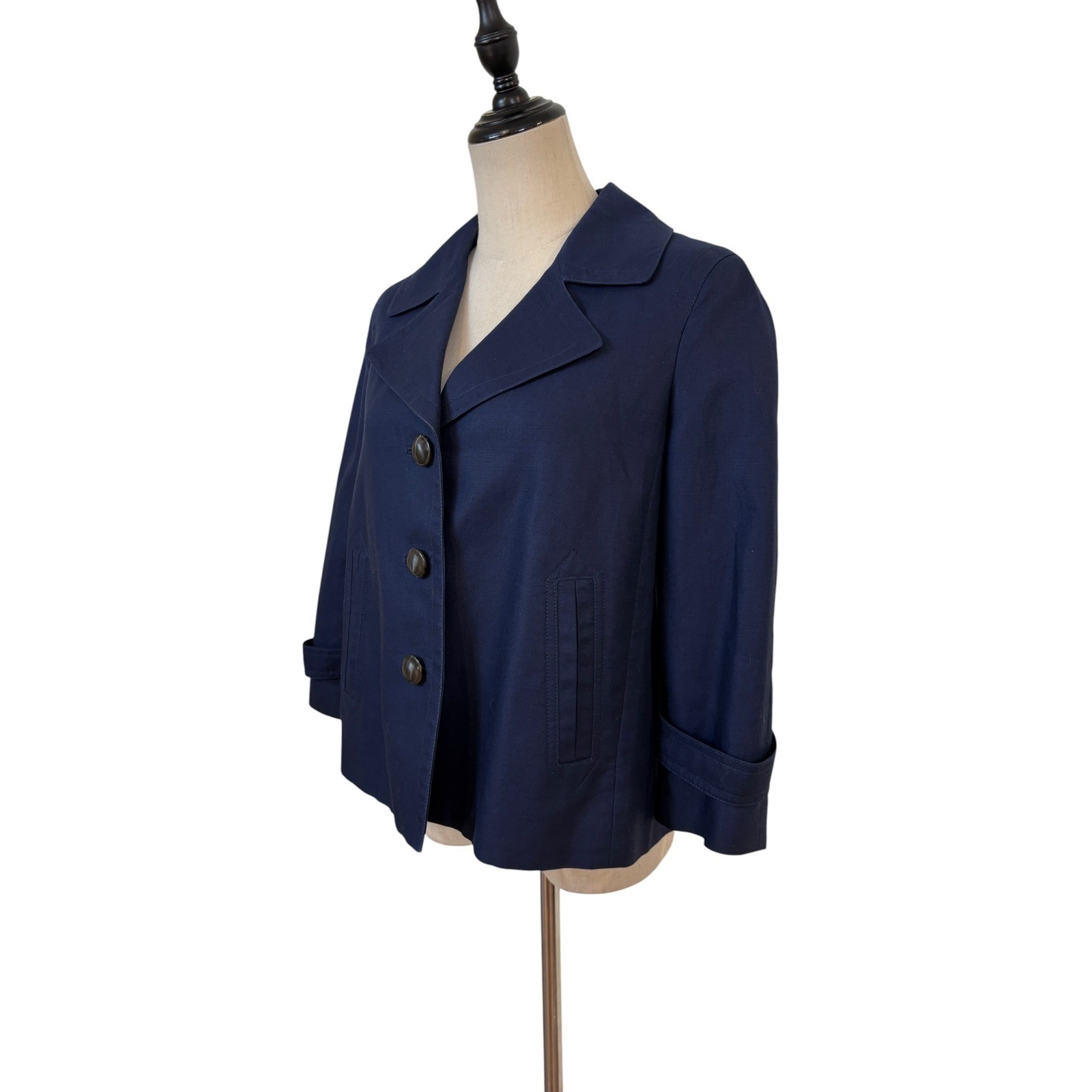 Talbots Linen Blend Jacket Navy Cropped Blazer Classic Preppy 6 mod minimalist