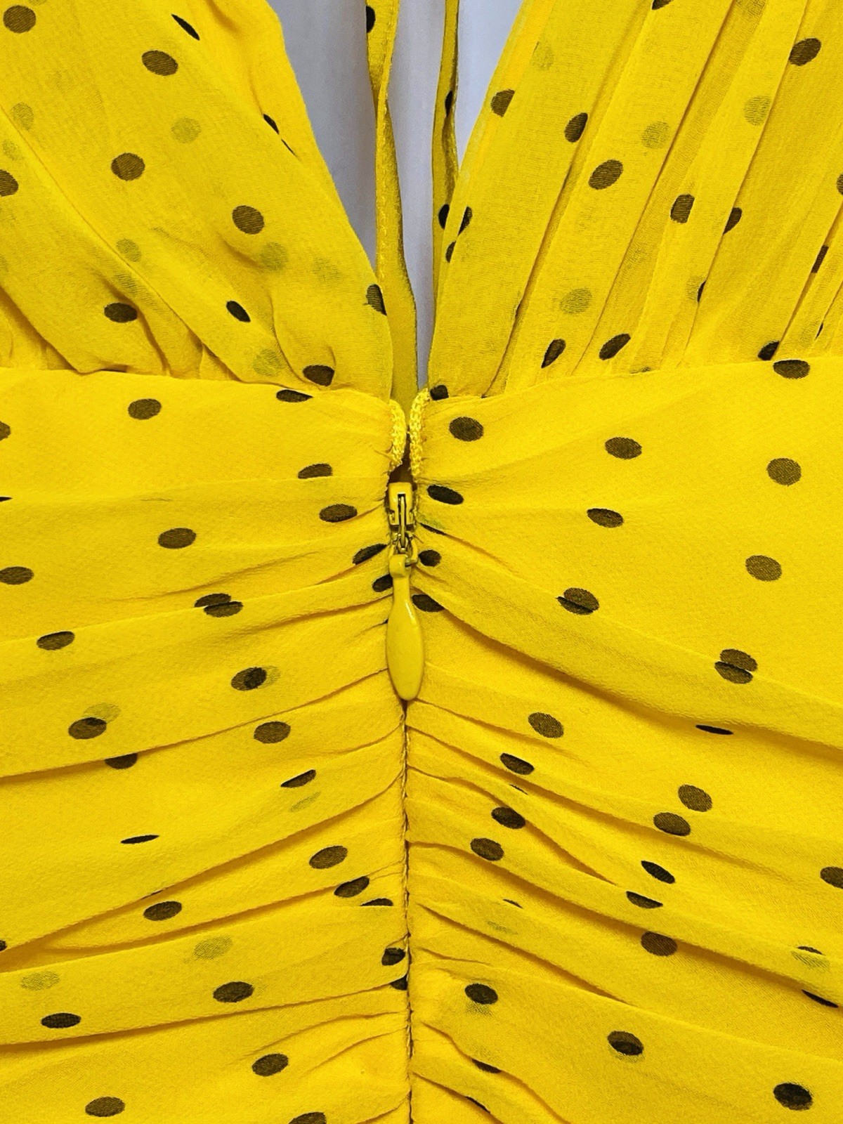 WAYNE CLARK Vtg 80s Yellow Brown Polka Dot Chiffon Draped Dress Floaty Scarf W30