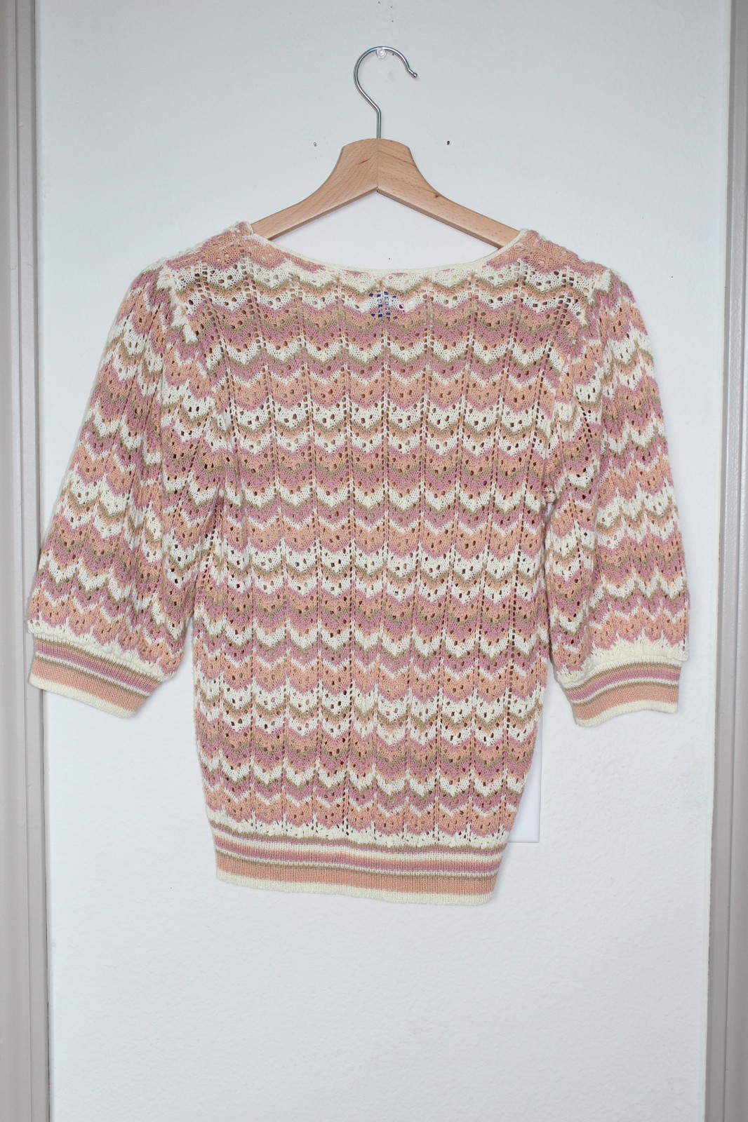 VTG College Town Chevron Knit Sweater Small Pink Cream Open Knit 70s Retro S XS