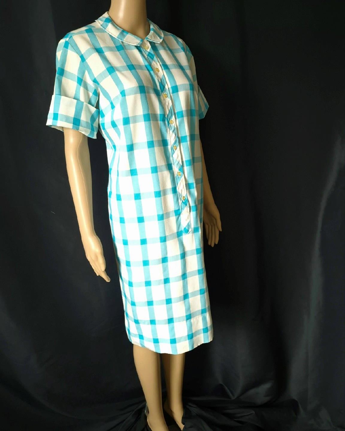 BLUE & WHITE WINDOWPANE 1960s Vintage Shift HOUSE DRESS – 40 inch waist