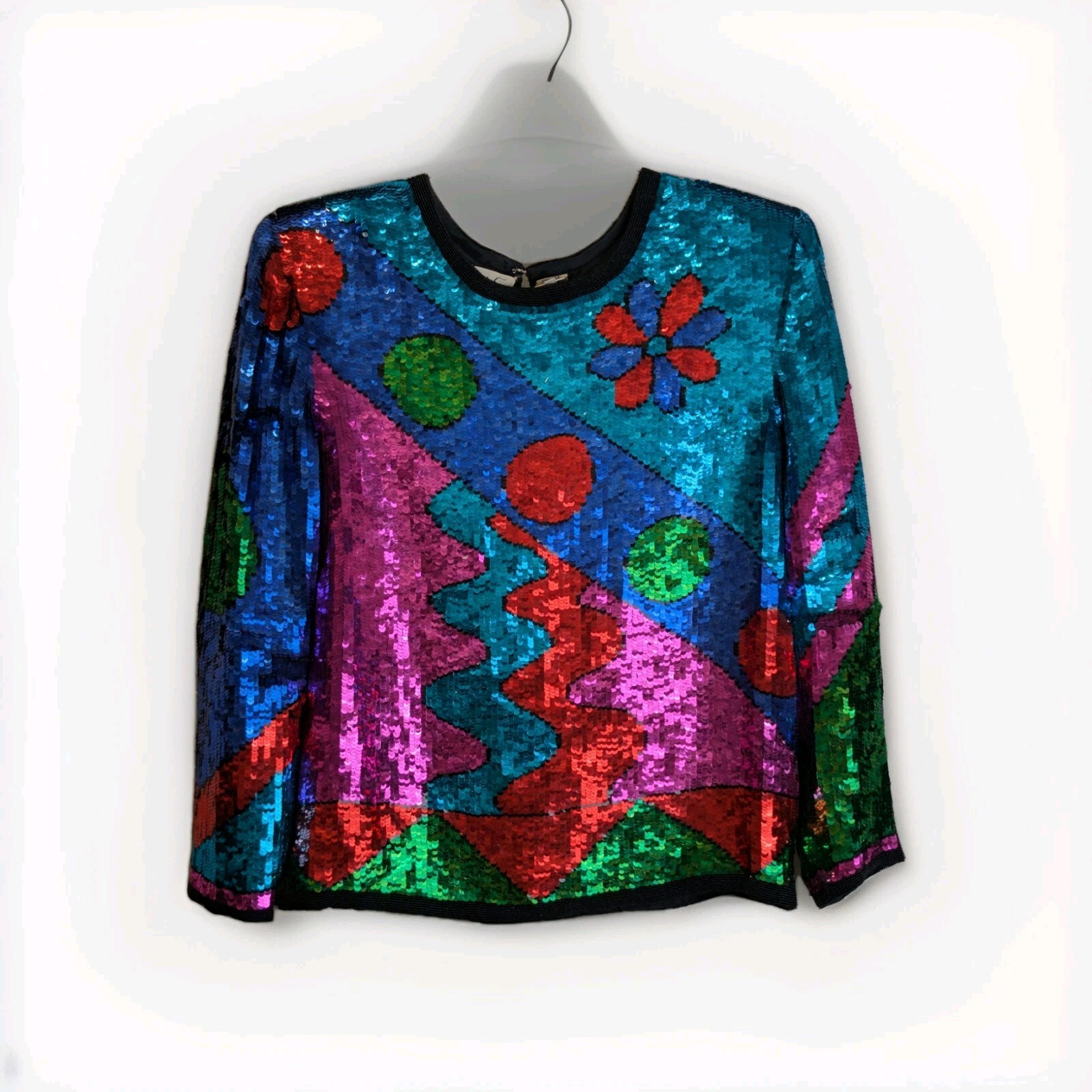 1980&rsquo;s Vintage Avalon 100% Silk Kitschy Multi Color Bright Sequence Top LG