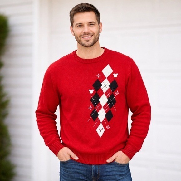 Vintage 90s Mickey Mouse Disney Argyle Pullover Sweater Oversized Red – XL
