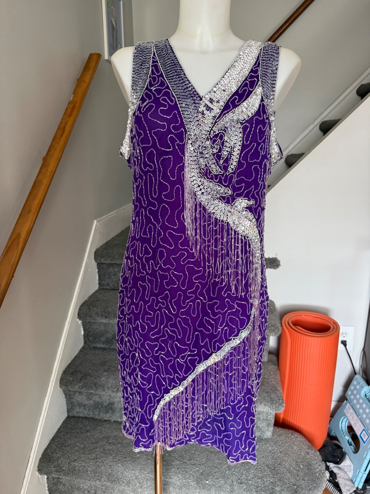 Vintage 1980s Milano 100% Silk Purple Beaded Sequined Dress Flapper