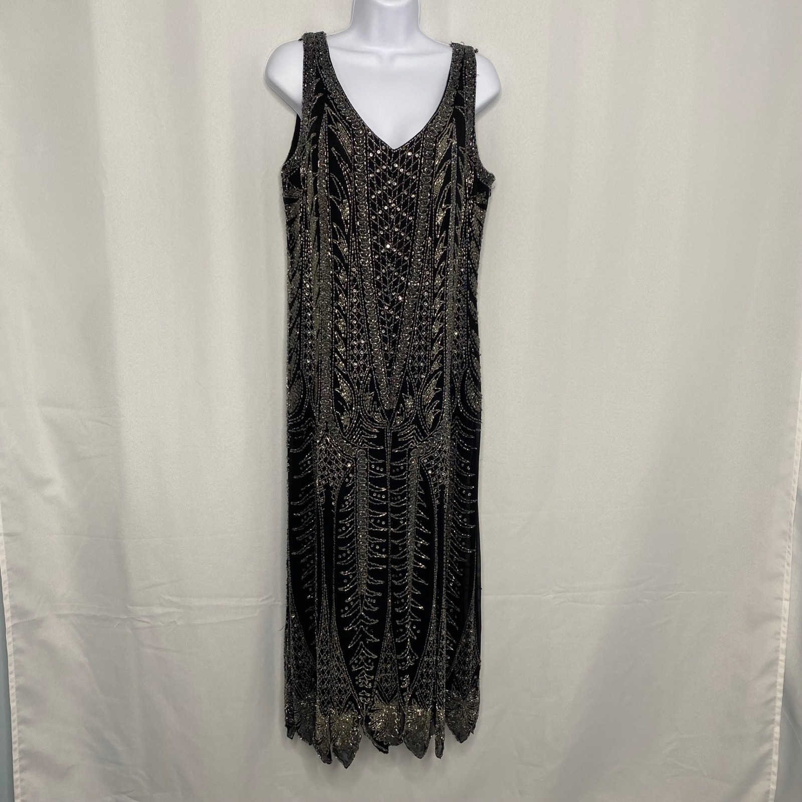 Black Tie Oleg Cassini Vintage Silk Beaded Gown Black Silver Art Deco Maxi 12