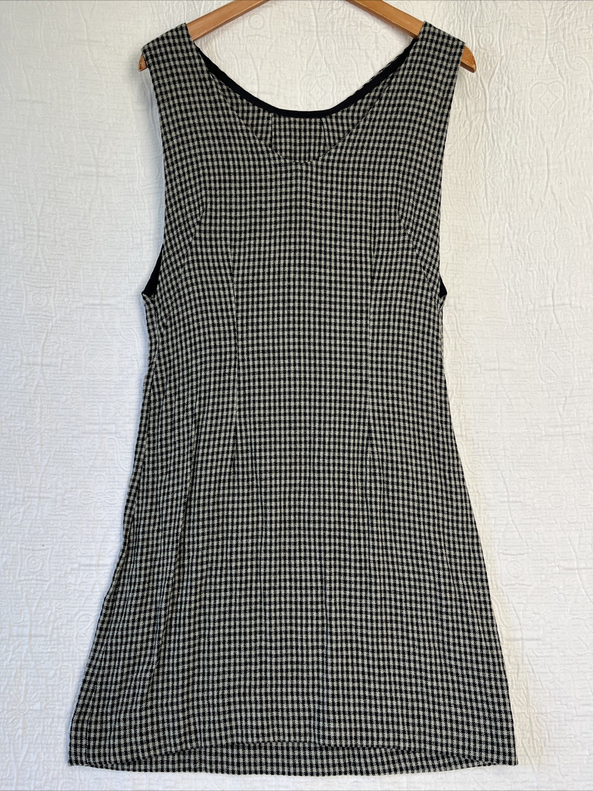 Vintage Wool Gingham Plaid Jumper Dress Pinafore Black Grey Homemade Pullover M