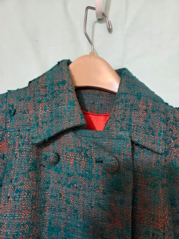 Raw Silk Coat Vtg 60s Teal Copper Quilted Panel Lining Hong Kong Herald Tang