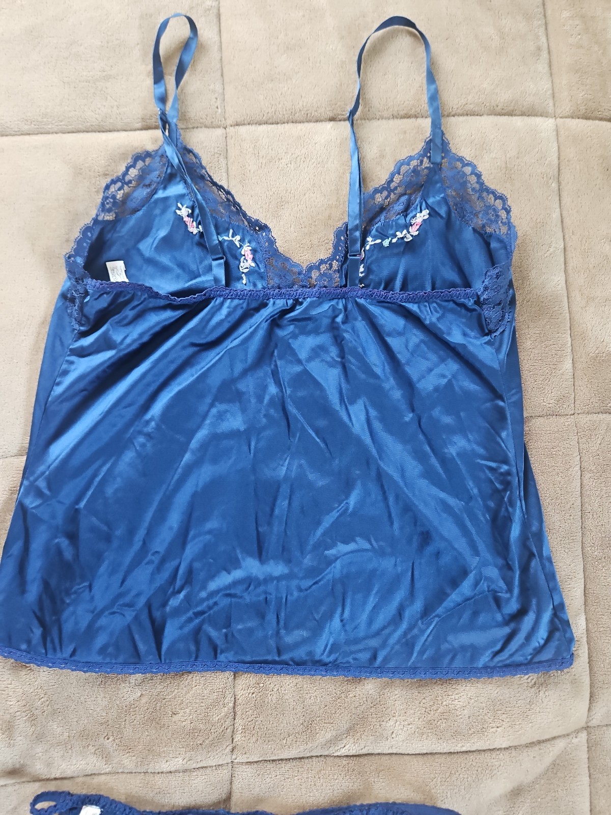 Vintage Windy Rose Satin Cami And Panty Set Size S / 6 Blue Floral Embroidery