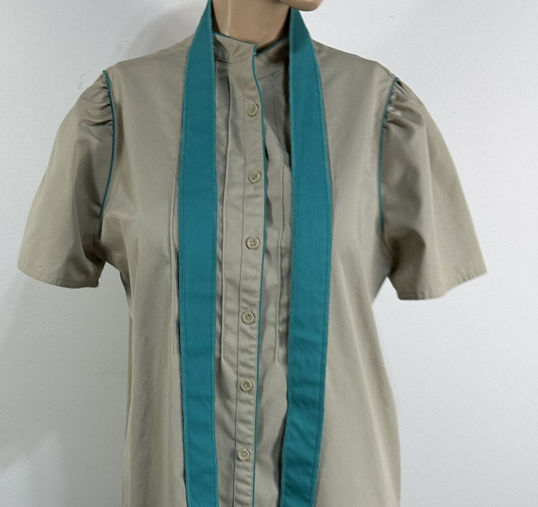 Vintage Adaptations Work Dress Uniform Beige Teal Button Front Tie Belt Size 18