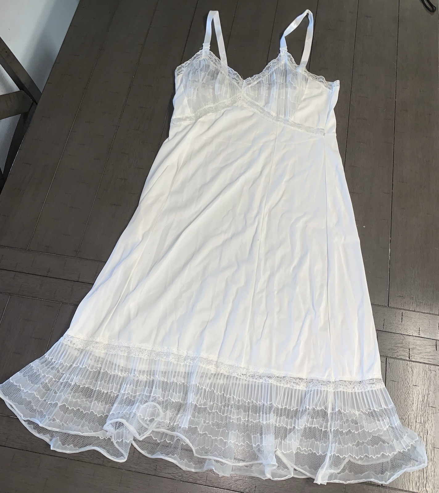 B9 WHITE M/L NO TAG VTG LACE SLIP DRESS CHIFFON TRIM LINGERIE HOLLYWOOD GLAMOUR