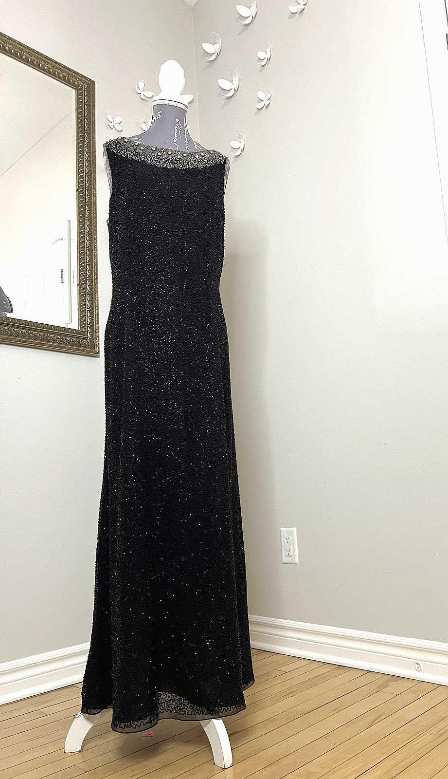 Frank Usher Gown Black Maxi Beaded Open Back – Size 14 – Formal/Gala