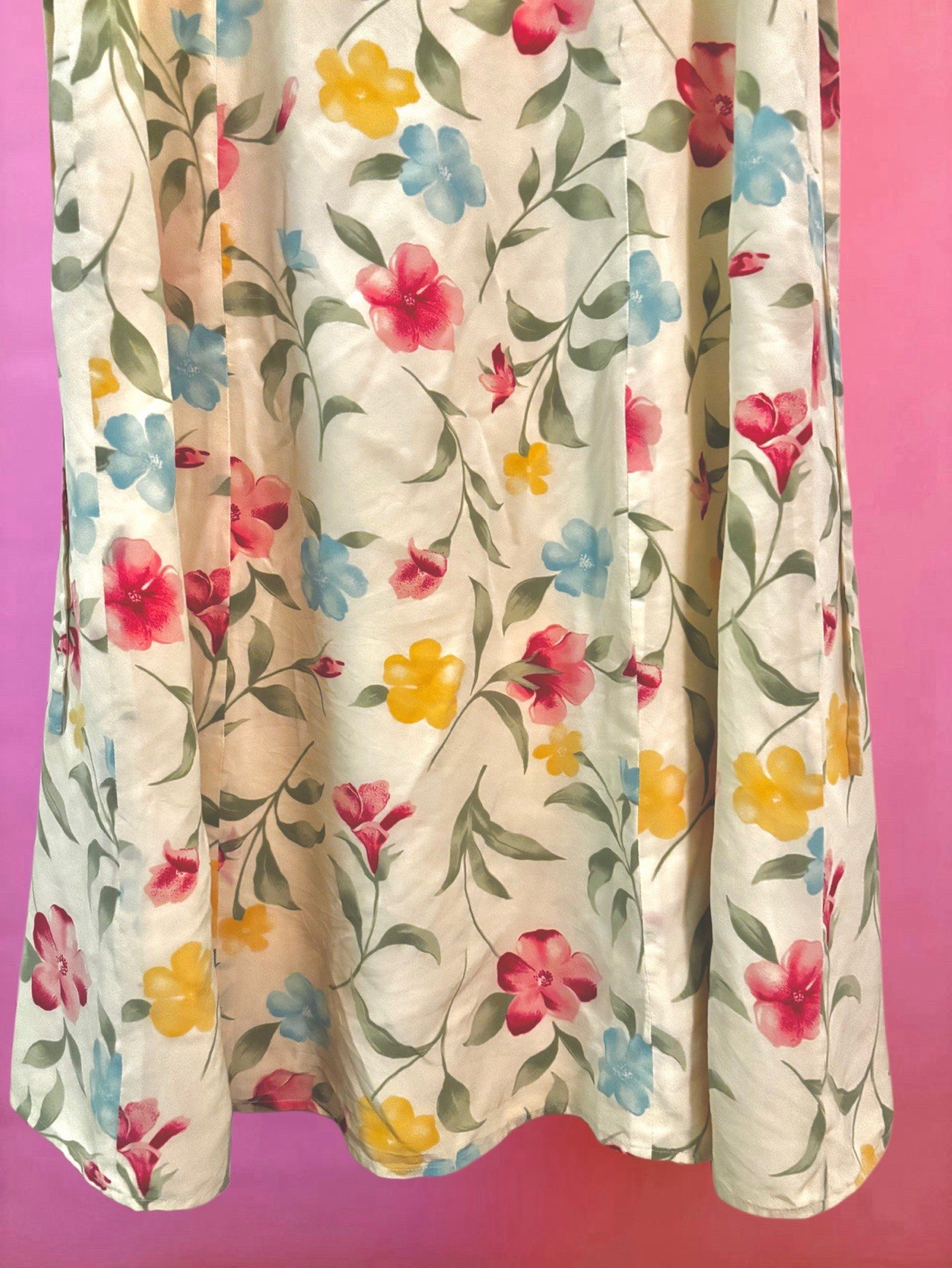 Vintage 80s 90s Patrick Petite 100% Silk Butter Yellow Pink Floral Maxi Dress 6P