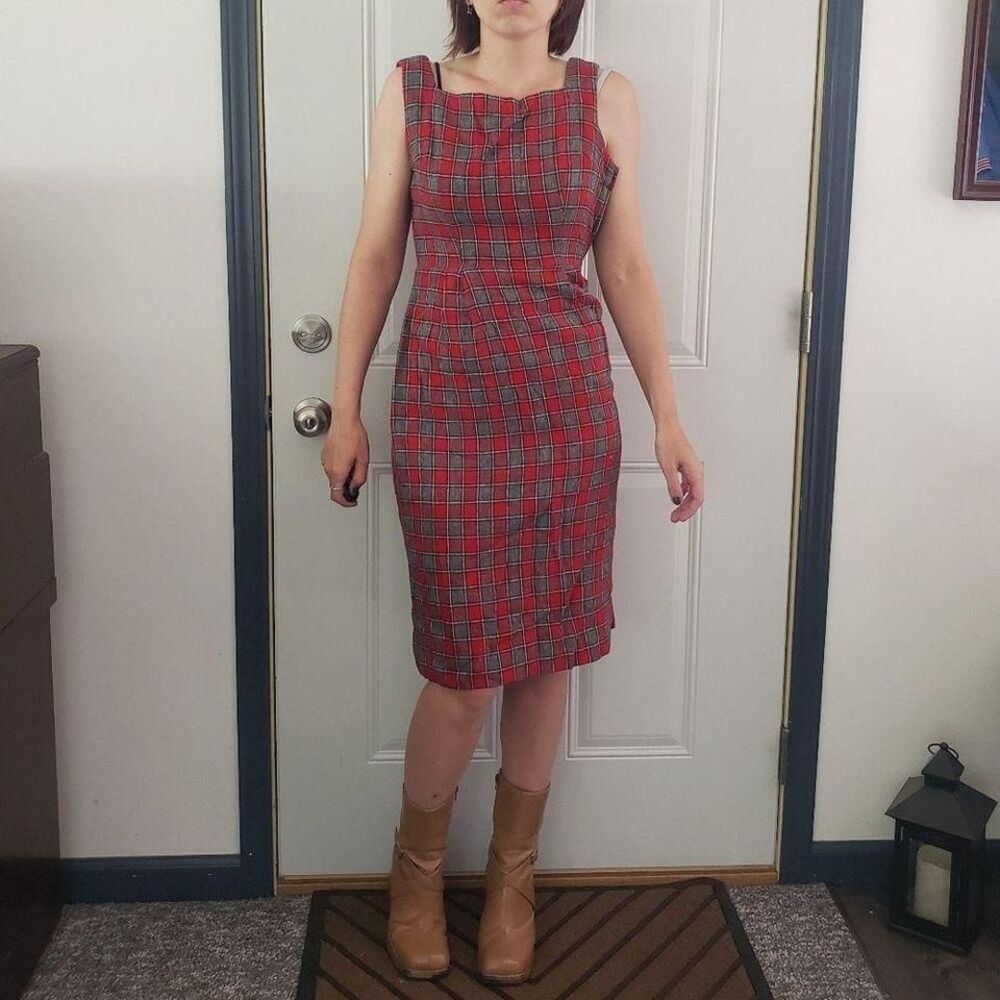 60s/70s Hand Made Square Neck Red and Gray Plaid Wiggle Dress