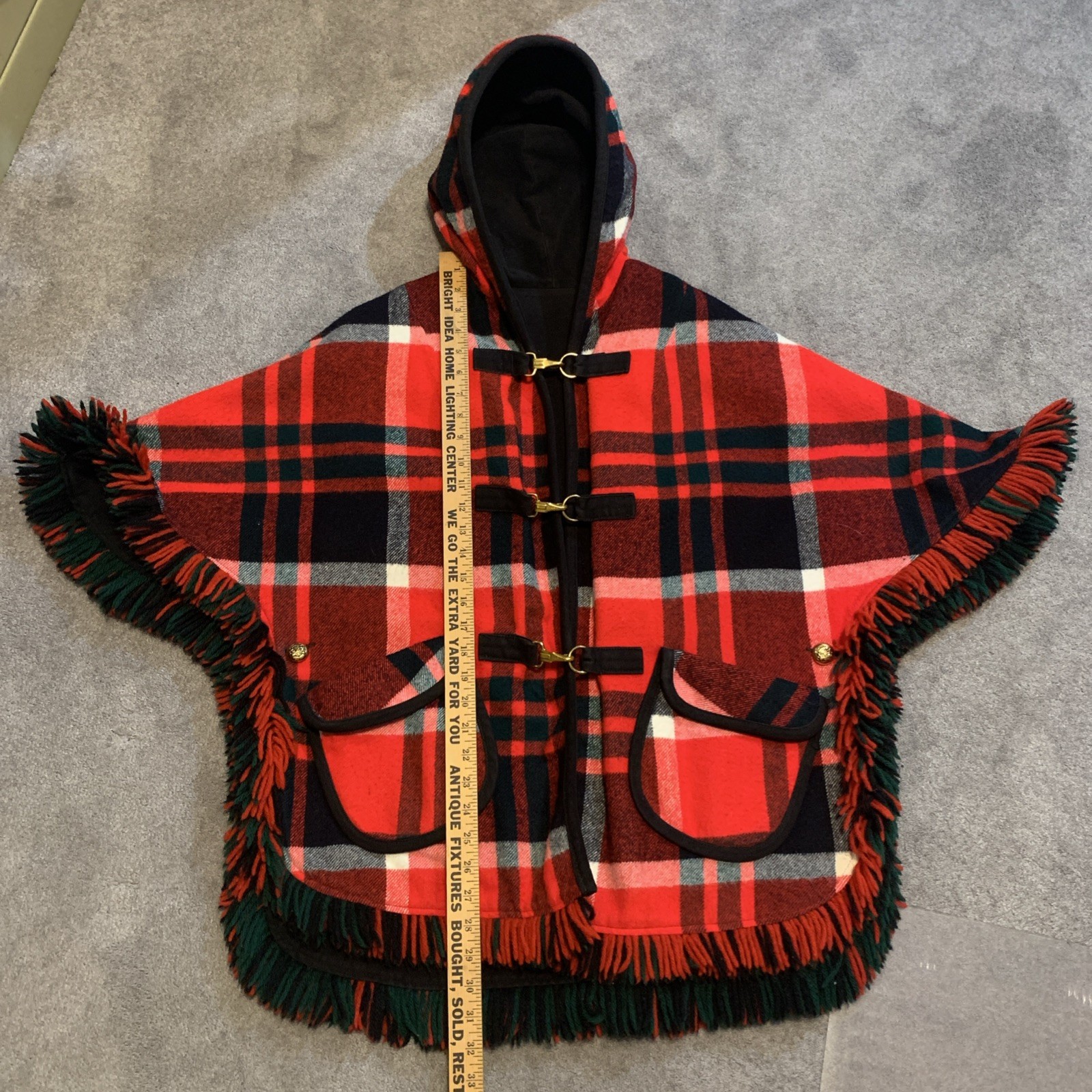 Vintage 70s Red Plaid Wool Blend Reversible Fringe Poncho Cape One Size