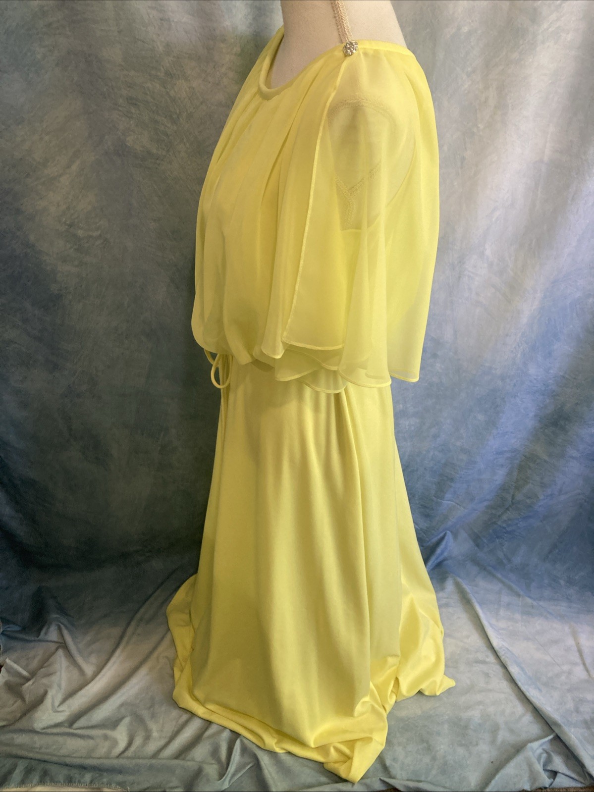 Vtg 70s Grecian Disco Maxi Dress Neon Yellow Chartreuse Chiffon Overlay Gown XS