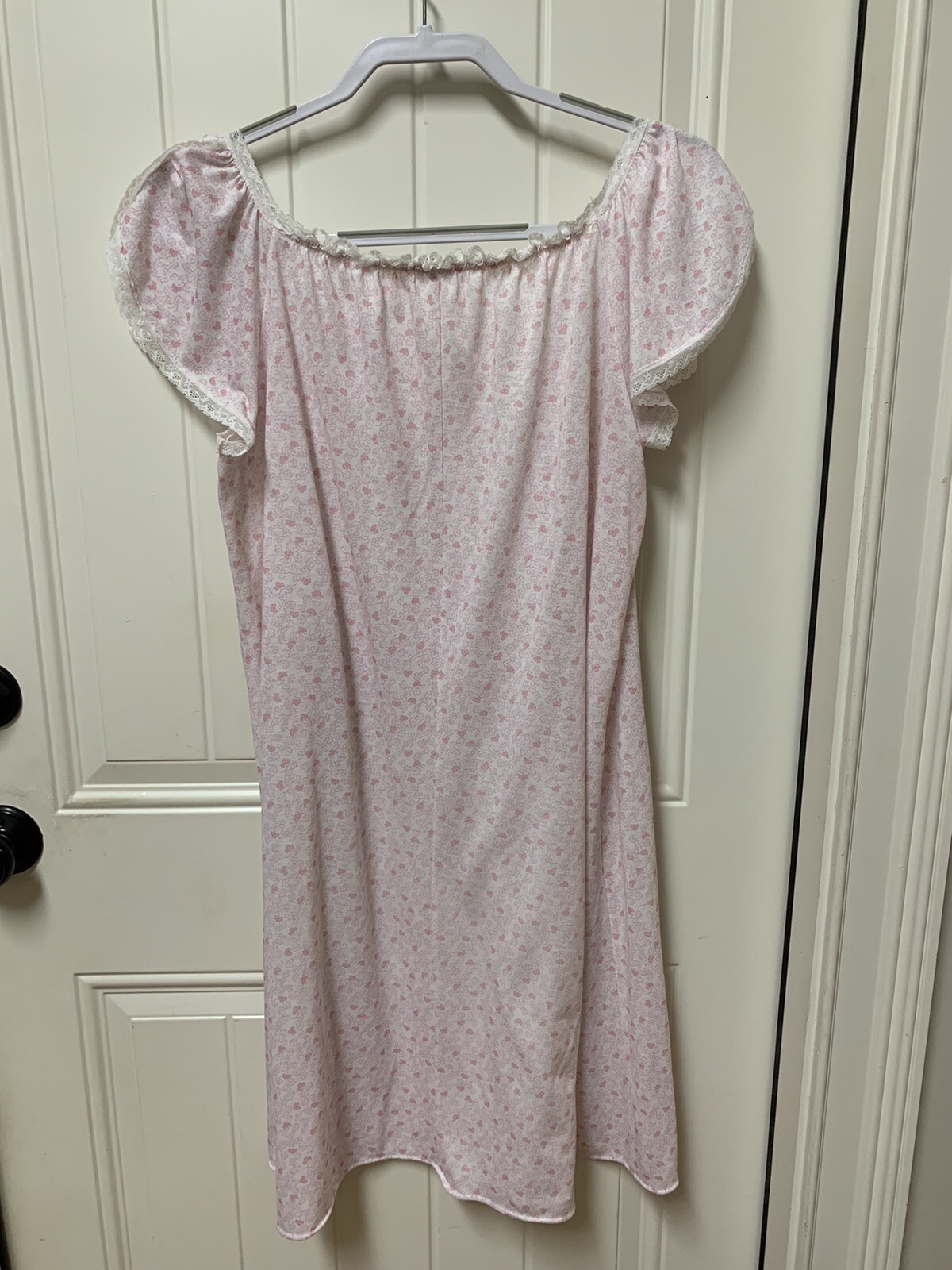 Miss Elaine Summer Nightgown Split Cap Sleeve Short Length Pink/White Sz Medium