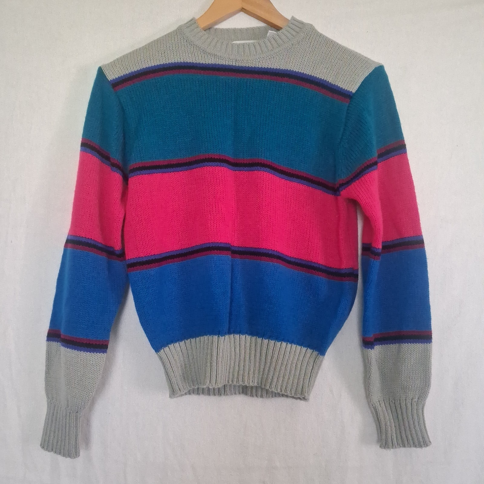 Vintage Jan Taylor Colorblock Striped Sweater Crewneck 80s 90s Pink Blue Acrylic