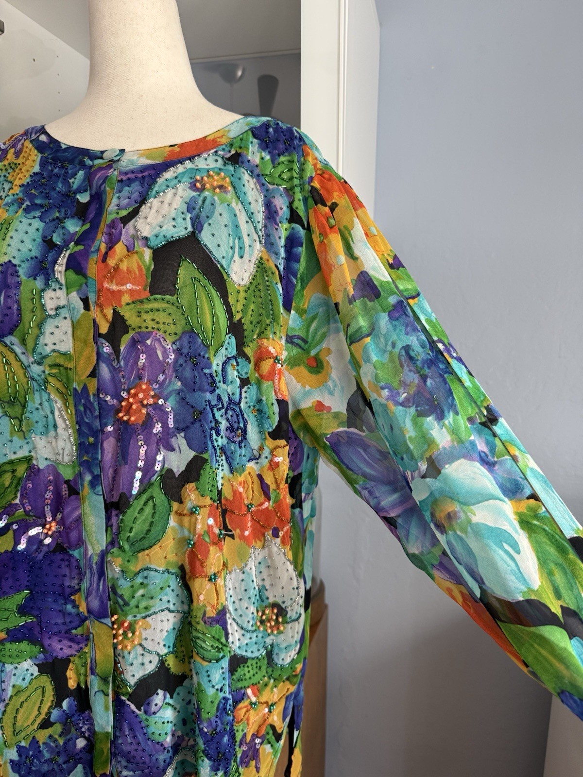 VTG Diane Freis Blouse Shirt Size Silk Bead Sequin Retro Glam Festive Luxury M/L