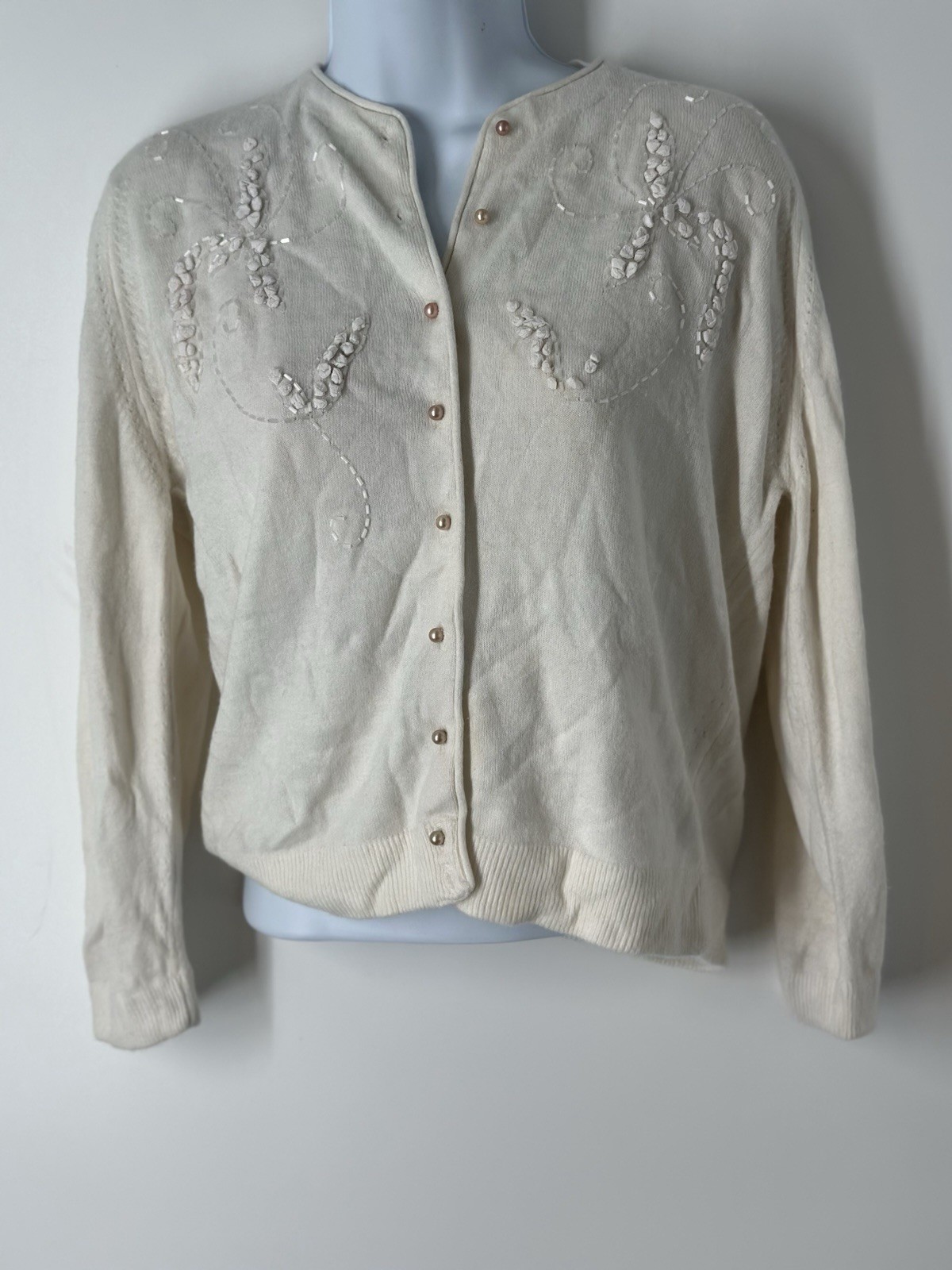 1950s Ivory Cardigan Pear Beaded Wedding Bridal Honeymoon Wool Sweater 50s VTG
