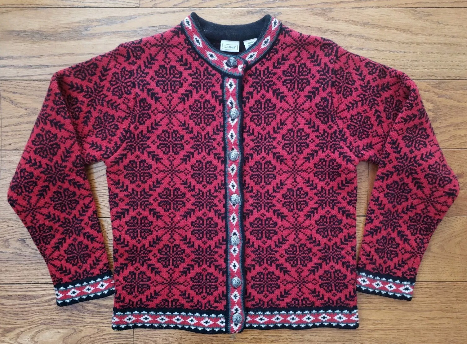 LL BEAN 100% Merino Lambs Wool Cardigan Sweater Button Red Nordic Vintage XS